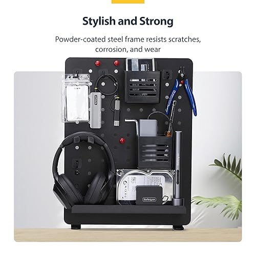 StarTech.com Clamp-On Pegboard with Accessories, 16.5 x 12.5in, Steel Peg Board, Desktop Storage Organizer, Black