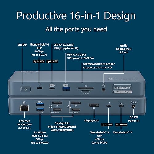 Kensington SD5900T DisplayLink Docking Station Thunderbolt 4, Quad 4K for MacBook Pro/Air M1/M2/M3/M4 with Pro and Max Chipsets, 100W PD, HDMI/DP/TB4, SD/Micro SD Card Slots - Midnight Blue (K35232NA)