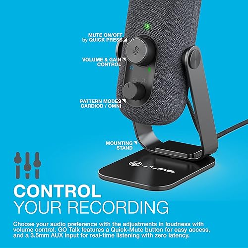 JLab Go Talk USB Microphone, Black, USB-C Output, Cardioid or Omnidirectional, 96k Sample Rate, 20Hz, 20kHz Frequency Response, Volume Control and Quick Mute, 3.5mm AUX, Plug and Play