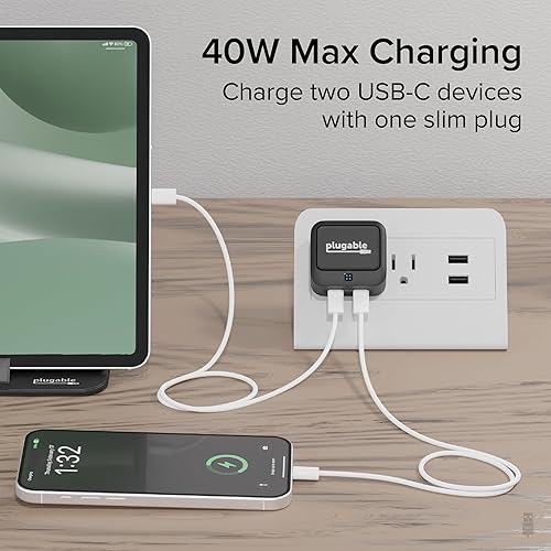Plugable Dual USB C Wall Charger, 40W Foldable 2-Port Flat USB C Fast Charger Block, Power Adapter for iPhone 16, iPad, AirPods, Samsung Galaxy, Pixel (PS-40C2B) Black