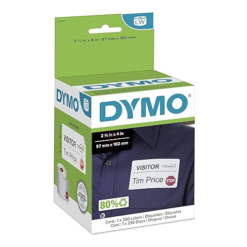 DYMO LW Name Badge Labels with 12-Hour Expiration Notification Disks for LabelWriter Label Printers, White, 2-1/4'' x 4'', 1 roll of 250 (30911)