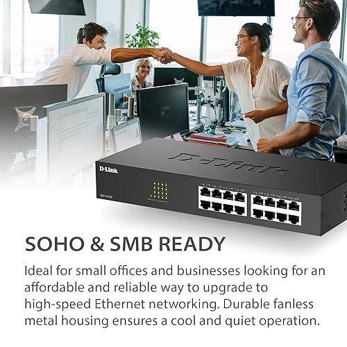 D-Link 16 Port Fast Ethernet Switch Unmanaged 10/100 Mbps Desktop Rackmount Plug and Play Metal Housing Fanless Design EEE (DES-1016D)