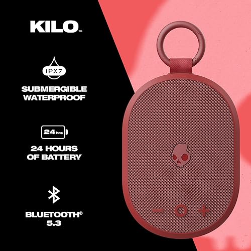 Skullcandy Kilo Wireless Bluetooth Speaker - IPX7 Waterproof Mini Bluetooth Speaker with 24 Hour Battery, Downward Firing Passive Radiator, and True Wireless Pairing - Perfect for Outdoor Red