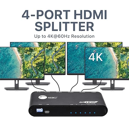 SIIG 1x4 HDMI 4K HDR Splitter - 4K@60Hz, HDCP 2.2, 18Gbps, Auto Scaling, Cascadable, Firmware Upgradable, 1 in 4 Out, TAA Compliant (CE-H22Y11-S1) 1 to 4