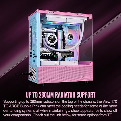 Thermaltake View 170 TG ARGB m-ATX Chassis; 3x120mm ARGB Lite Fans Included; 280mm Radiator Support; 340mm GPU Clearance; 160mm Air Cooler Max Height; Bubble Pink; CA-1Z4-00MAWN-01 View 170 Bubble Pink