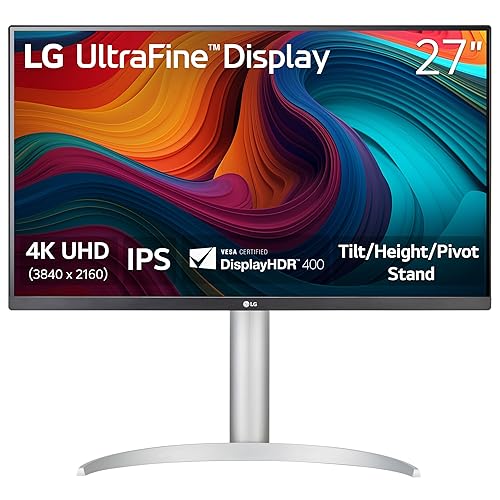 LG 27UP650K-W Monitor 27” UHD (3840 x 2160) IPS Display, VESA DisplayHDR 400, DCI-P3 95% Color Gamut, 3-Side Virtually Borderless Display, Height/Pivot/Tilt Adjustable Stand – Silver