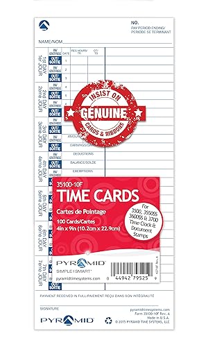 Pyramid English/French Time Cards for 3500, 3550ss, 3600ss and 3700 Time Clocks, 100 Pack