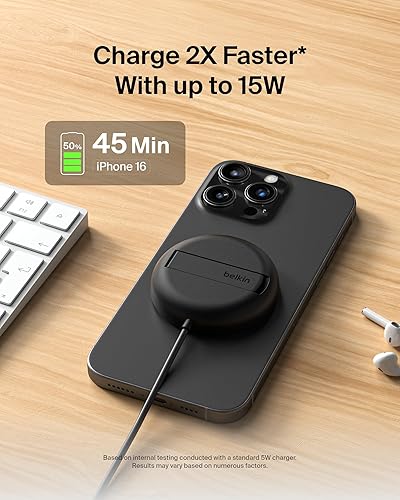 Belkin Magnetic Wireless Charging Pad 15W w/Pop-Up Stand - MagSafe-Compatible Qi2-Certified Wireless Charger for iPhone 16 Series, Samsung Galaxy S25, AirPods, & More w/Power Supply Included - Black