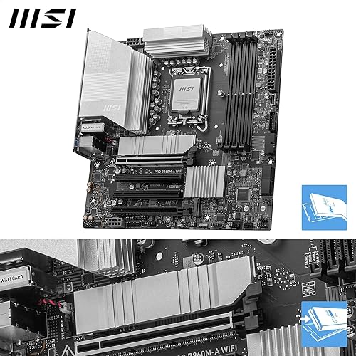 MSI PRO B860M-A WiFi Motherboard, mATX - Supports Intel Core Ultra Processors (Series 2), LGA 1851-12 DRPS, DDR5 Memory Boost (8600+ MT/s OC), PCIe 5.0 x16 & 4.0 x16, M.2 Gen5, Wi-Fi 7, 5G LAN