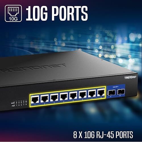TRENDnet 10-Port 10G Unmanaged Switch, TEG-S7102, 8 x 10G RJ-45 Ports, 2 x 10G SFP+ Ports, 200Gbps Switching Capacity, Rackmount Design, Lifetime Protection, Black