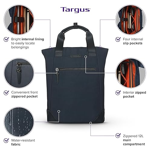 Targus Avila Convertible Tote/Backpack for 15–16” Laptops – Stylish Bag Made with Recycled Materials, Water-Resistant, Dual Carry, Travel-Friendly, Midnight, TBB65102GL