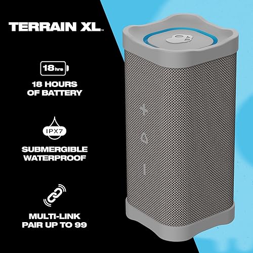 Skullcandy Terrain XL Wireless Bluetooth Speaker - IPX7 Waterproof Portable Speaker, 18 Hours Battery, Nylon Wrist Wrap, True Wireless Stereo Grey Terrain XL