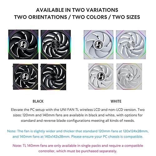 Lian Li UNI Fan TL - Wireless 140 - Single Pack - 2.4 GHz Wireless Signal ARGB Fan Control - Dual-Zone Lighting - Fluid Dynamic Bearing - 140mm - Controller NOT Included & Required - Black (14TL1W1B) 1 x 140mm Black