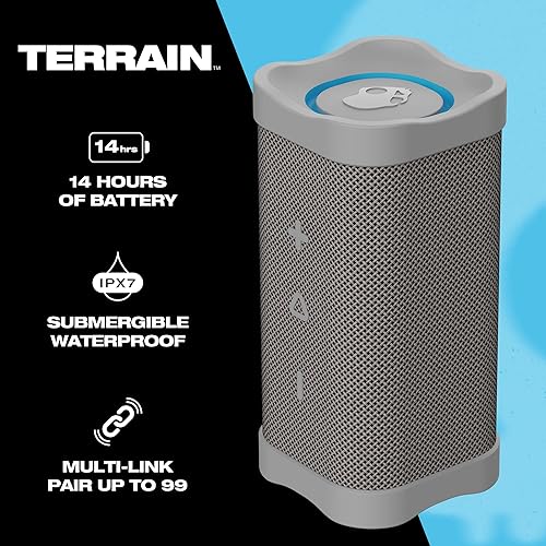 Skullcandy Terrain Wireless Bluetooth Speaker - IPX7 Waterproof Portable Speaker with Dual Custom Passive Radiators, 14 Hour Battery, Nylon Wrist Wrap, & True Wireless Stereo Light Grey