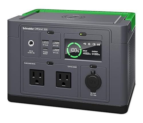 Schneider OffGrid Portable Power Station 300W, PPS330, Lightweight 332Wh Solar Generator: 2 AC Outlets, 60W USB-C PD Output, Wireless Charging, LED Light, for Camping, RV, Home Backup