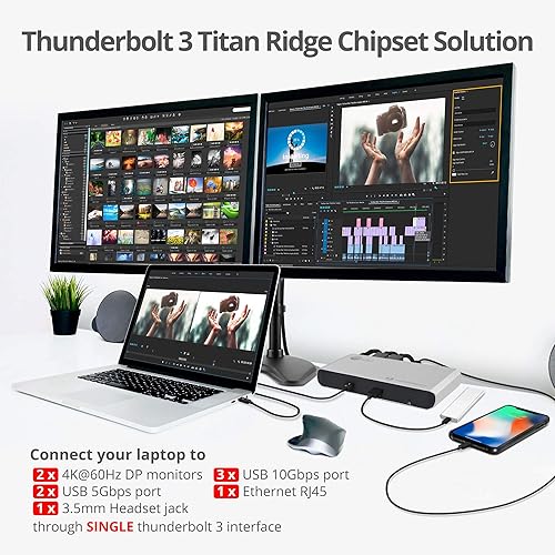 SIIG Thunderbolt 3 or USB C Dual 4K Display Docking Station with 60W PD- Titan Ridge (2X DP 1.2, 1x USB-A/2x USB-C 10Gbps, 2X USB-A 5Gbps, Ethernet) for Windows&Mac M1/M2/M3 Pro/Max (JU-DK0C11-S1)