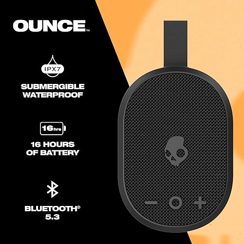 Skullcandy Ounce Wireless Bluetooth Speaker - IPX7 Waterproof Mini Portable Speaker with 16 Hour Battery, Downward Firing Passive Radiator, and Ballistic Nylon Carry Strap Black