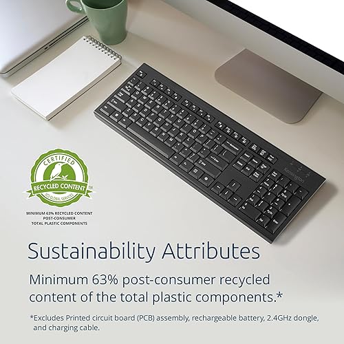 Kensington KB270 EQ Wireless Rechargeable Keyboard, Full-Size, Spill-Proof, 2.4GHz & Bluetooth 5.0 Connection, Compatible with Windows and MacOS (K75558NA)