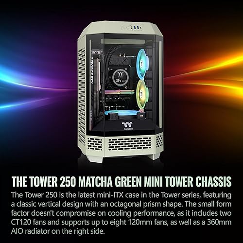 Thermaltake Tower 250 Matcha Green Mini-ITX Mini Tower; 2x120mm CT Fans Included; 360mm Radiator Support; 360mm GPU Clearance; Dual Chamber; CA-1Z9-00SEWN-00 Tower 250 Matcha Green Case