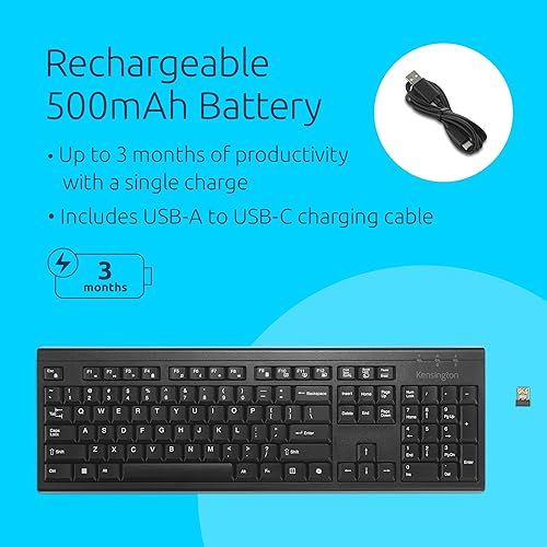 Kensington KB270 EQ Wireless Rechargeable Keyboard, Full-Size, Spill-Proof, 2.4GHz & Bluetooth 5.0 Connection, Compatible with Windows and MacOS (K75558NA)