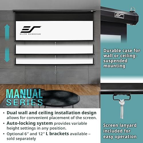 Elitescreens Manual Series, 84-INCH 16:9, Pull Down Manual Projector Screen with AUTO Lock, Movie Home Theater 8K / 4K Ultra HD 3D Ready, 2-Year Warranty, M84UWH, 16:9, Black Black 16:9, 84-inch