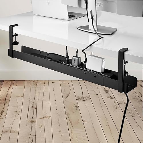 StarTech.com Under Desk Cable Management Tray, Length Adjustable, Clamp-On Installation, No Drilling Required, Black Black Adjustable Width