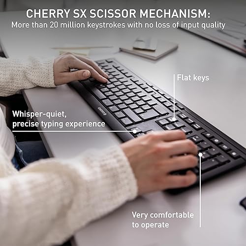 Cherry Stream Wireless Keyboard with SX Scissors Mechanism, Slim Yet Full Size QWERTY Ergo Friendly with Number Pad, Thin Design with Quiet keystroke for use at Home Office or Work. Black