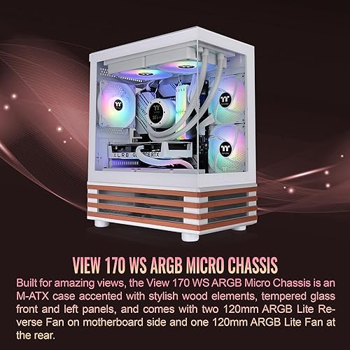 Thermaltake View 170 WS ARGB; Micro Chassis; Bottom Wood Trim; 3x120mm ARGB Lite Fans Included; 340mm GPU Clearance; 160mm Air Cooler Max Height; mATX/mITX; Snow; CA-1Z4-00M6WN-WS