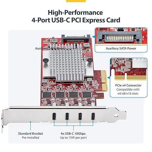StarTech.com 4-Port USB-C 10Gbps PCIe Card, 4X Independent USB 3.2 Controllers, PCI Express 3.0, Standard Profile, TAA
