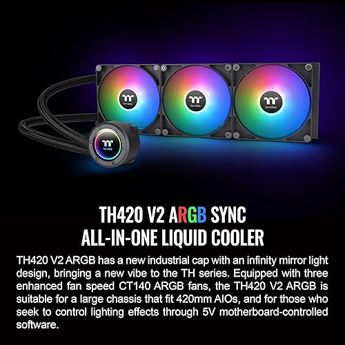 Thermaltake TH420 ARGB Sync V2 CPU Liquid Cooler/AlO Liquid Cooling/Fan 140mm*3/PWM 500~2000 RPM/Mirror Waterblock/MB ARGB Sync Control, CL-W376-PL14SW-A ARGB V2 420mm Black