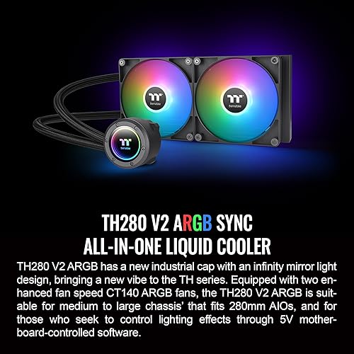 Thermaltake TH280 ARGB Sync V2 CPU Liquid Cooler/AlO Liquid Cooling/Fan 140mm*2/PWM 500~2000 RPM/Mirror Waterblock/MB ARGB Sync Control, CL-W375-PL14SW-A ARGB V2 280mm Black