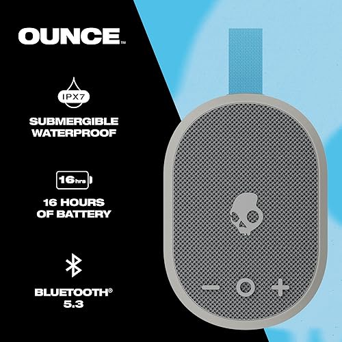 Skullcandy Ounce Wireless Bluetooth Speaker - IPX7 Waterproof Mini Portable Speaker with 16 Hour Battery, Downward Firing Passive Radiator, and Ballistic Nylon Carry Strap Grey