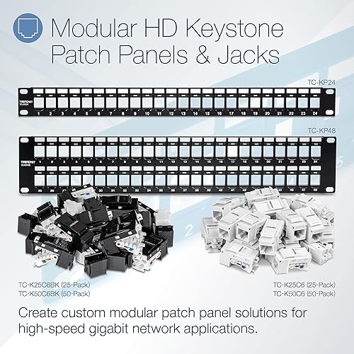 TRENDnet Cat6 Keystone Jack, 25-Pack Bundle, 90° Angle Termination, Compatible with Cat5, Cat5e, & Cat6 Cabling, Color-Coded Labeling for T568B Wiring, Gold-Plated Contacts,TC-K25C6BK 25-Pack Keystone Jacks - Black