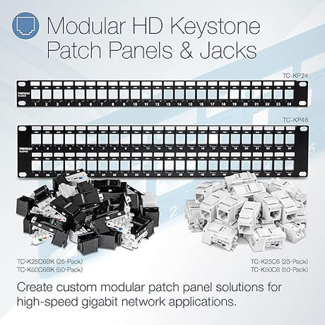 TRENDnet Cat6 Keystone Jack, 25-Pack Bundle, 90° Angle Termination, Compatible with Cat5, Cat5e, & Cat6 Cabling, Color-Coded Labeling for T568B Wiring, Gold-Plated Contacts,TC-K25C6BK 25-Pack Keystone Jacks - Black