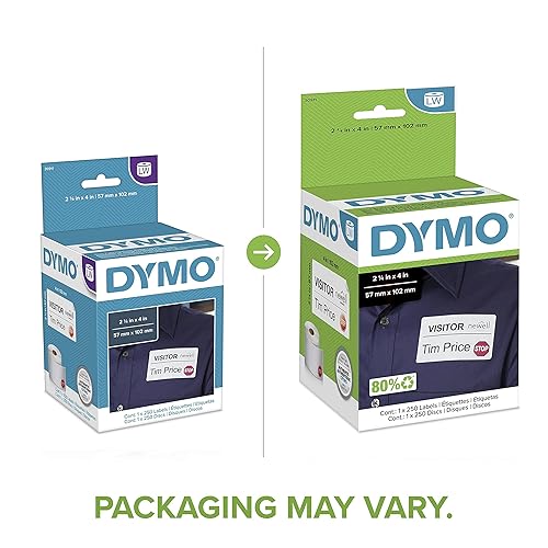 DYMO LW Name Badge Labels with 12-Hour Expiration Notification Disks for LabelWriter Label Printers, White, 2-1/4'' x 4'', 1 roll of 250 (30911)