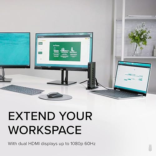 Plugable USB 3.0 and USB-C Universal Laptop Docking Station with 2 HDMI Ports for Windows, Mac (Driver Required), and ChromeOS. Gigabit Ethernet, Audio