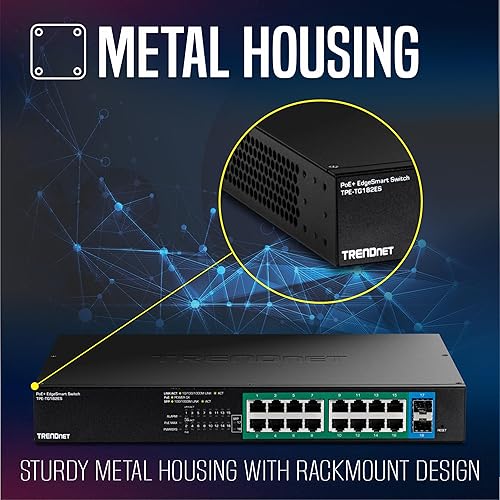 TRENDnet 18-Port Gigabit EdgeSmart PoE+ Switch, TPE TG182ES, 240W PoE Power Budget, 16 x Gigabit PoE+ Ports, 2 x Gigabit SFP Ports, Managed Network Ethernet Switch, Lifetime Protection, Black