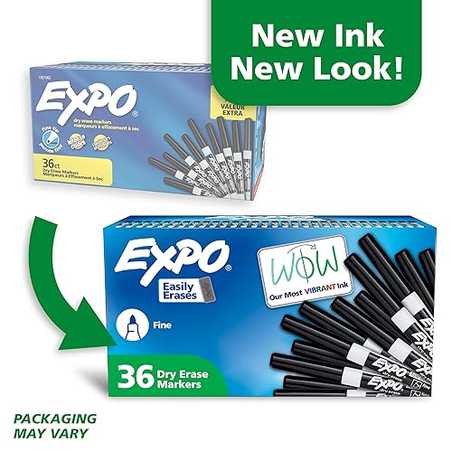 EXPO Dry Erase Markers, Low Odour Ink, Black, Fine Tip, 36 Count