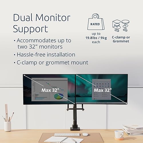 Kensington SmartFit K58272WW Dual Monitor Arm, Adjustable Gas Spring Monitor Arm, Ergonomic Computer PC Screen Stand, Handle for 19-32 Inch Monitors (9 kg Each), VESA 75/100 mm, 360° Rotation Black 2 Monitore mit Griff