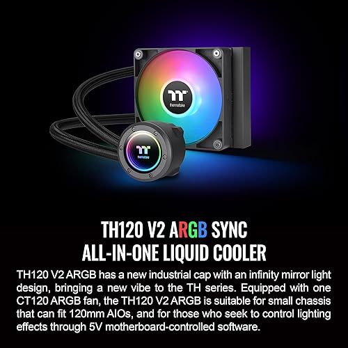 Thermaltake TH120 ARGB Sync V2 CPU Liquid Cooler/AlO Liquid Cooling/Fan 120mm*1/PWM 500~2000 RPM/Mirror Waterblock/MB ARGB Sync Control, CL-W360-PL12SW-A ARGB V2 120mm Black