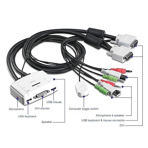 TRENDnet 2-Port DVI USB KVM Switch and Cable Kit with Audio, Manage Two PC's, USB 2.0, Hot-Plug, Auto-Scan, Hot-Keys, Windows/Linux/Mac Compliant, TK-214i DVI USB with Audio