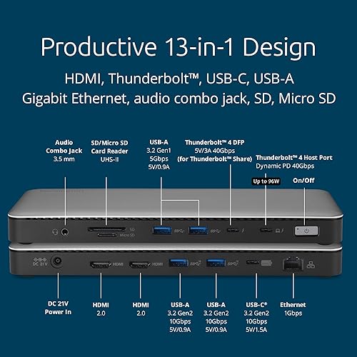 Kensington SD5768T EQ Thunderbolt 4 Docking Station, Dual 4K@60Hz via HDMI/TB4 Ports, 96W Charging, SD/Micro SD Card Slots, Ethernet, Audio, Supports Thunderbolt Share (K35381NA) Thunderbolt 4 Dual 4K 96W with Thunderbolt Share