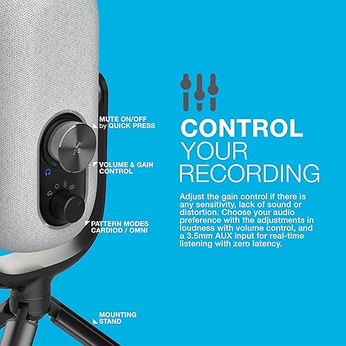 JLab Epic Talk USB Gaming Streaming Microphone, White, USB-C Output, Cardioid, Omni, Stereo, Bi-Directional, 192k Sample Rate, Volume Control, Gain Control, and Quick Mute, 3.5mm AUX, Plug and Play