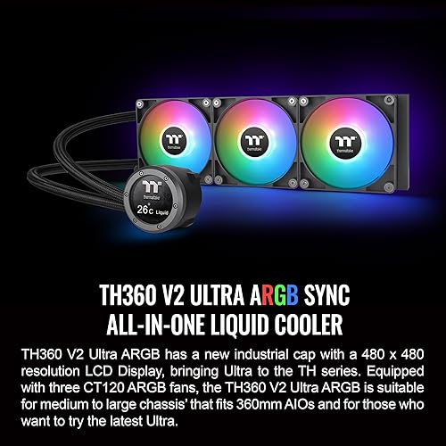 Thermaltake TH360 V2 Ultra ARGB Sync/AlO Liquid Cooler/ARGB Fan 120 * 3/PWM 500~1500rpm/Water Block 2.1 LCD/Black, CL-W384-PL12SW-A LCD 360mm Black