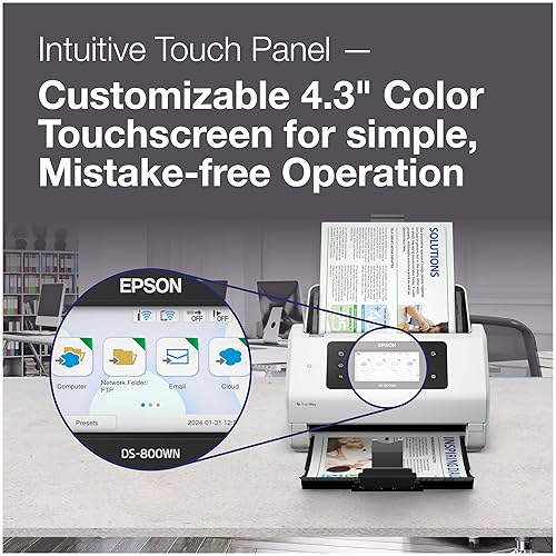 Epson DS-800WN EdgeLink Wireless Network Color Document Scanner with Duplex Scanning, PC-Free Scanning, 100-page Auto Document Feeder (ADF) and 4.3 Color Touchscreen
