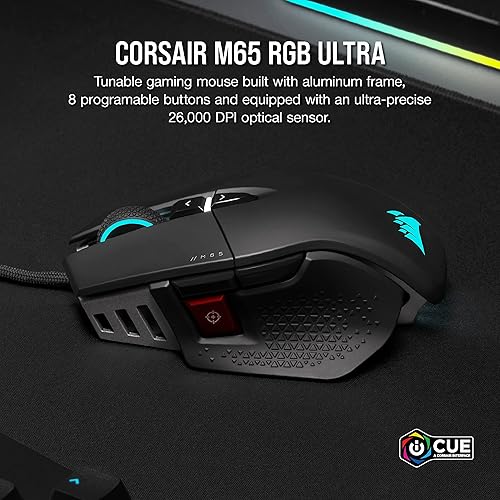 Corsair M65 RGB Ultra Tunable FPS Gaming Mouse - CORSAIR Marksman 26,000 DPI Optical Sensor, Optical Switches, AXON Hyper-Processing Technology, Sensor Fusion Control, Tunable Weight System - Black Wired
