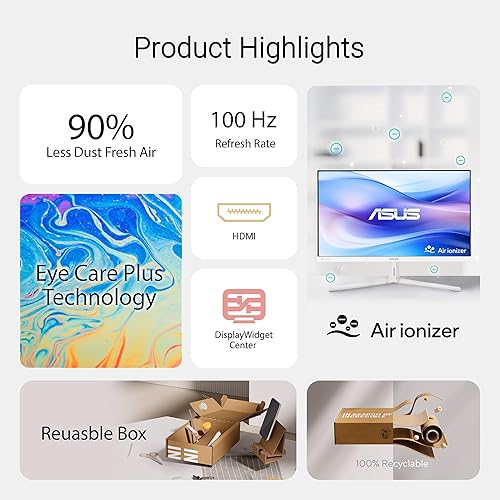 ASUS 24” (23.8 inch viewable) 1080P Eye Care Monitor (VU249HFI-W) - Full HD, IPS, 100Hz, SmoothMotion, Adaptive Sync, Nano-ion, Eye Care Plus, VESA Wall Mountable, 3 yr Warranty