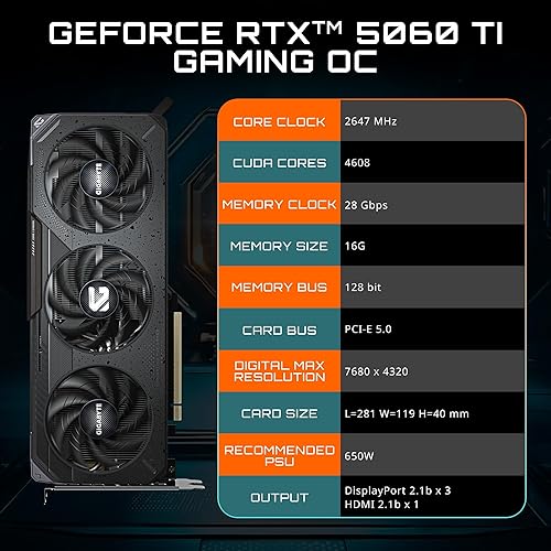 GIGABYTE GeForce RTX 5060 Ti Gaming OC 16G Graphics Card, 16GB 128-bit GDDR7, PCIe 5.0, WINDFORCE Cooling System, GV-N506TGAMING OC-16GD Video Card