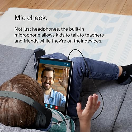 Belkin SoundForm Mini Kids Wired Headphones with Built-in Microphone & Fun Stickers, 85dB Safe Volume Limit – for Online Learning, Travel, Compatible w/iPhone 15, iPad, Galaxy S23, & More - Black