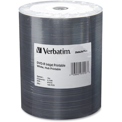 Verbatim America, LLC Verbatim DVD-R, 16X Speed, 4.7GB, Inkjet Printable, Wrapped, 100/Pk, White